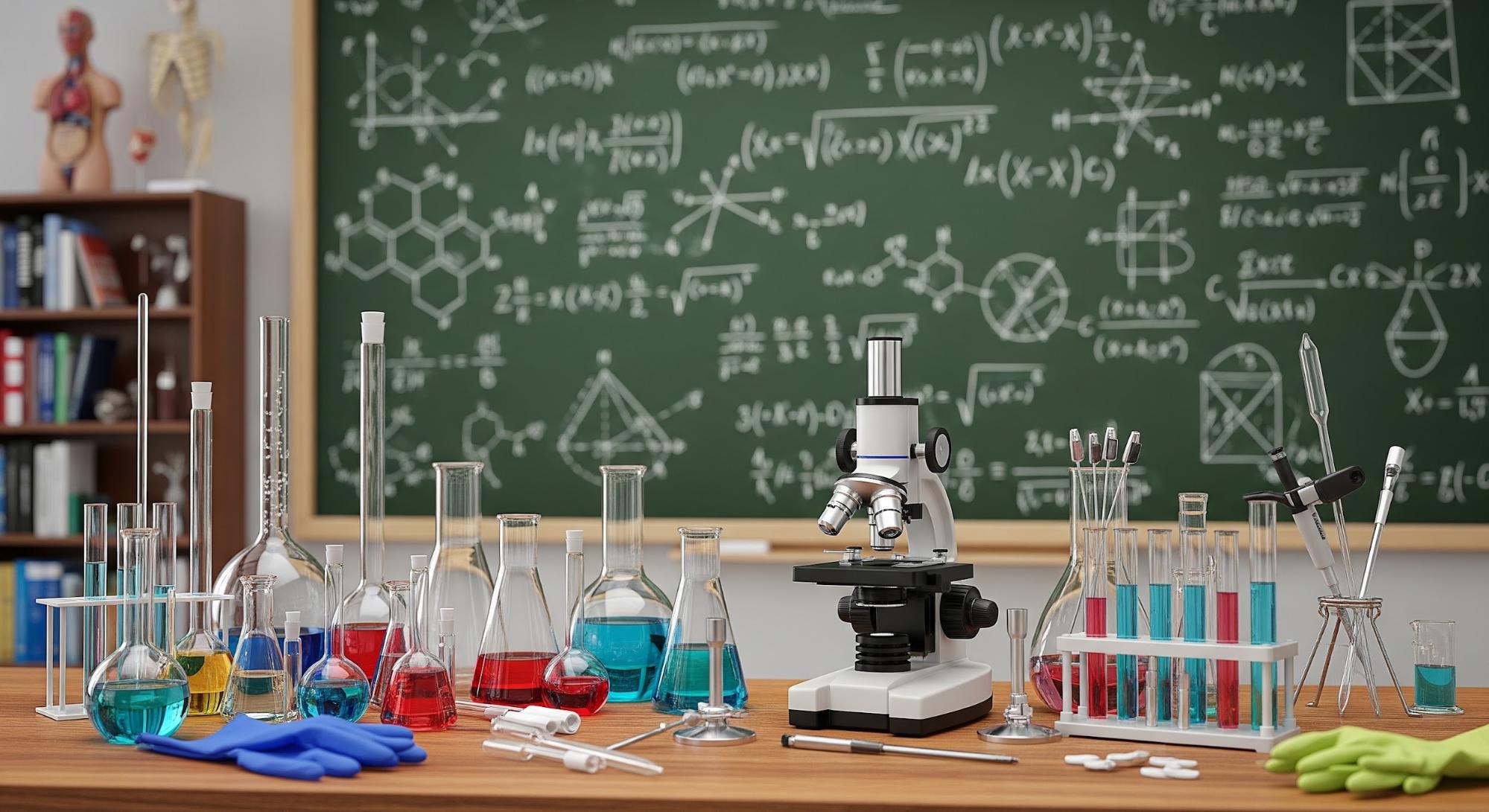 Realistic image of scientific equipment including beakers, test tubes, a microscope, and mathematical equations on a chalkboard.